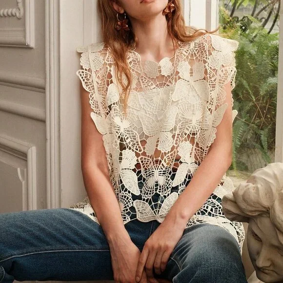 Beige Casual Women's Casual Butterfly Hollow Out Irregular Sleeveless Cover Up - Picture 6 of 6